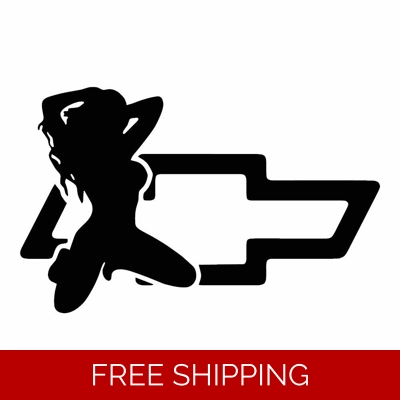 hot babe in front of Chevy Die Cut Vinyl Decal Sticker